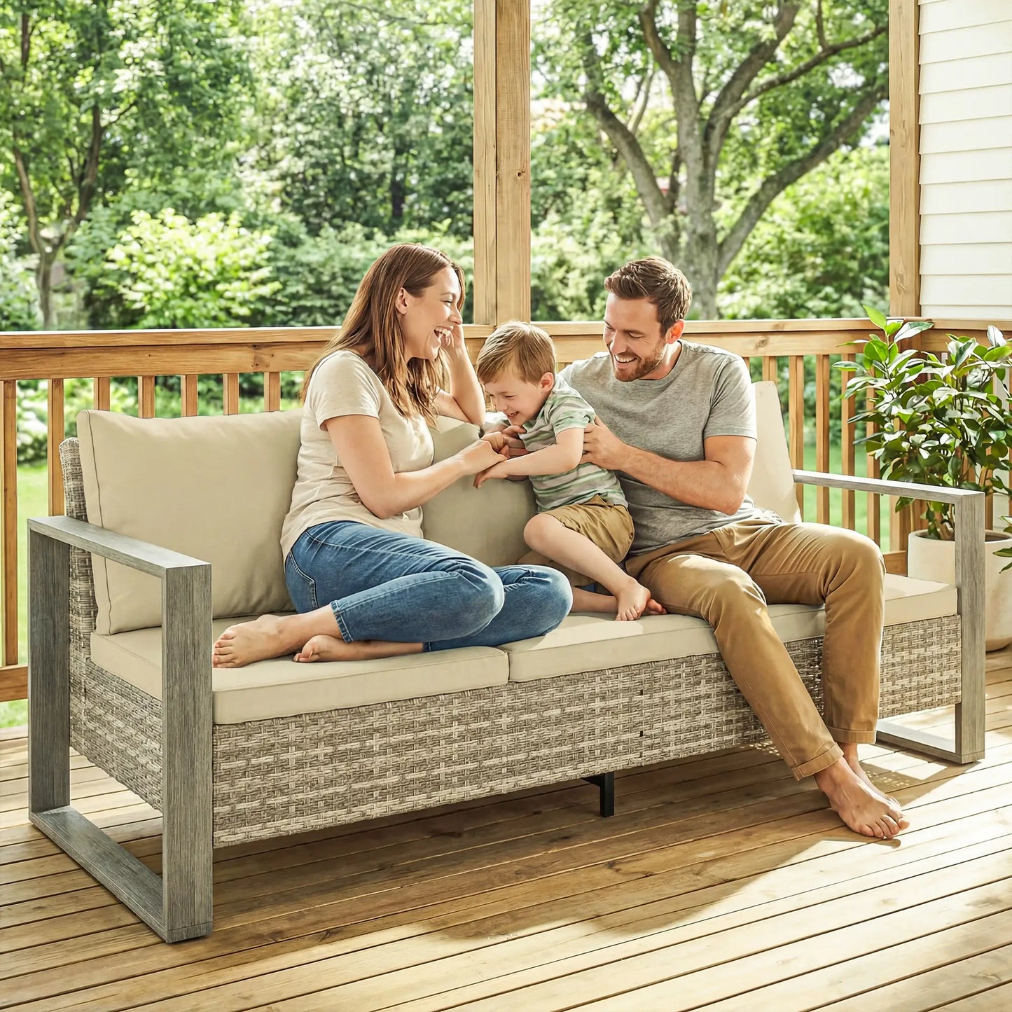 3-Seater Outdoor Couch, PE Wicker Patio Sofa, Khaki Patio Furniture Sets at Gallery Canada