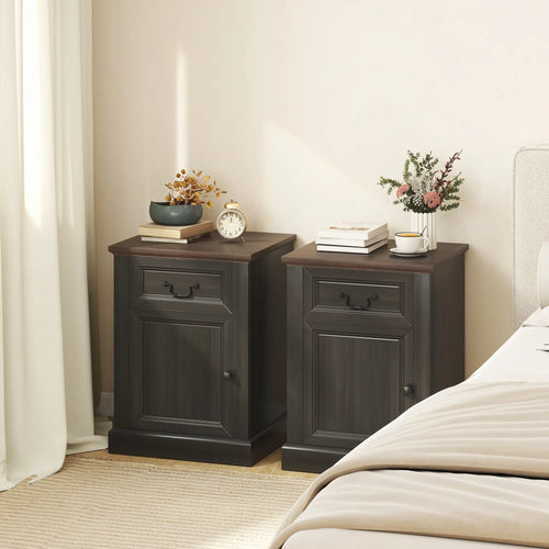Side Table Set of 2 with Drawer and Cabinet, Black