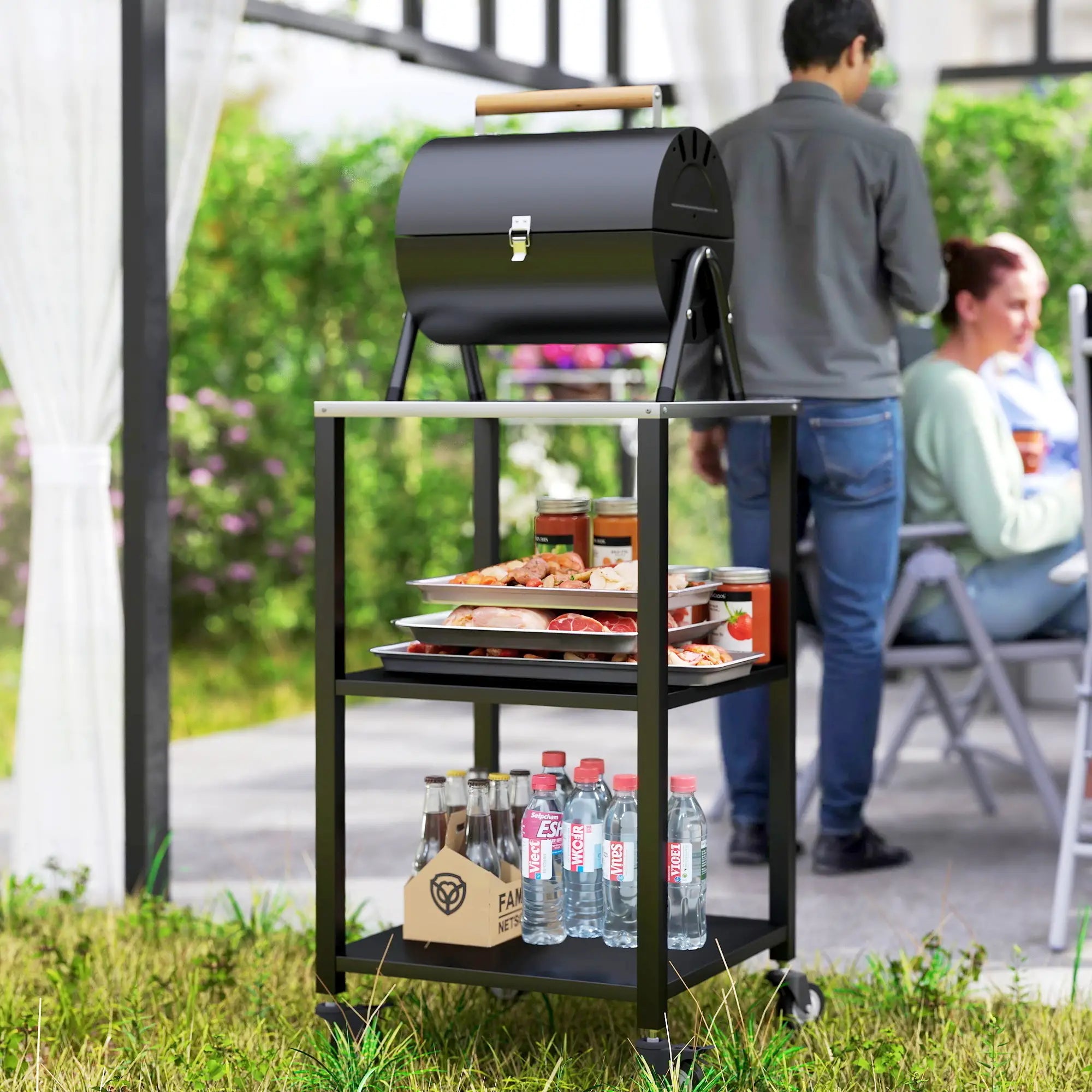 Outdoor Grill Cart, Pizza Oven Stand, 3-Tier Rolling Kitchen Prep Station, Black Outdoor Grill Carts at Gallery Canada