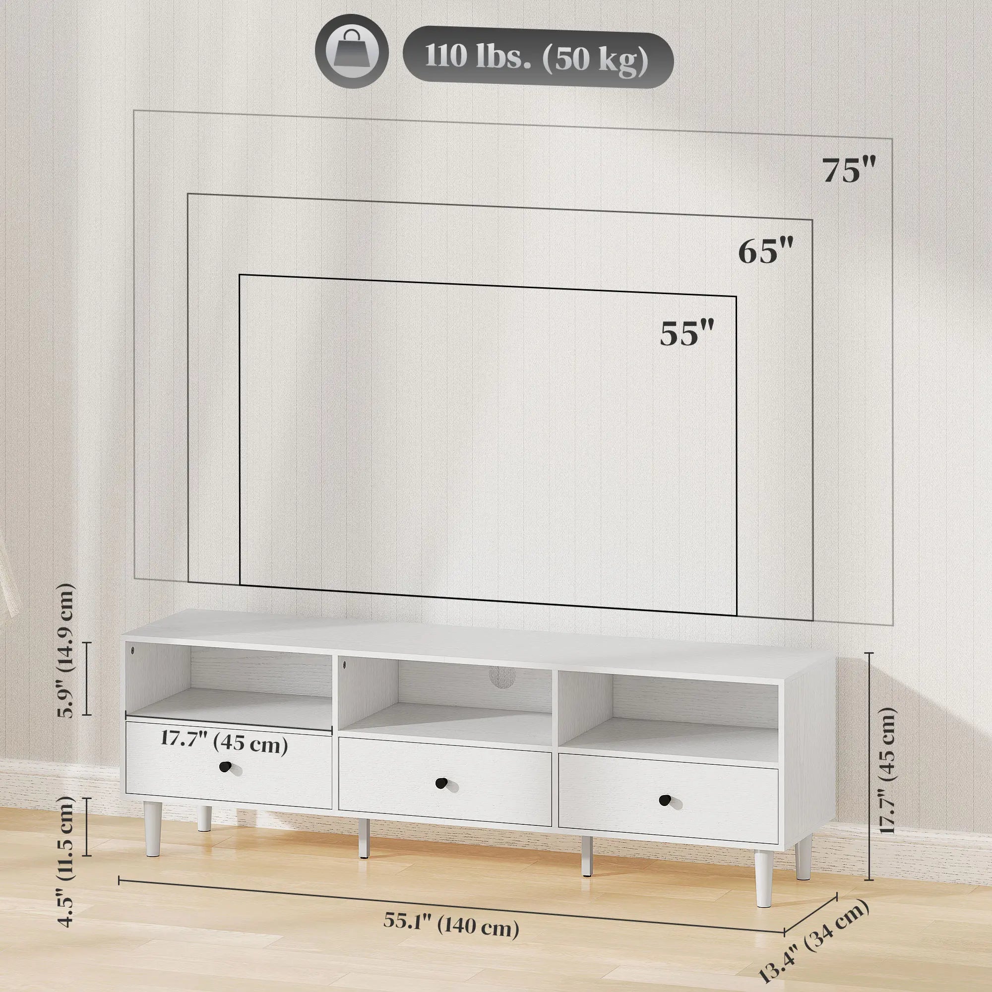 TV Stand for 75 Inches, 3 Storage Shelves, 3 Drawers, White TV Stands at Gallery Canada