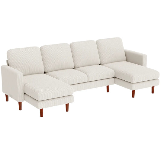 U Shaped Sectional Sofa, Corduroy, Double Chaise, Spring Cushions, 2200lb, Beige 3-Seater Sofas Beige at Gallery Canada