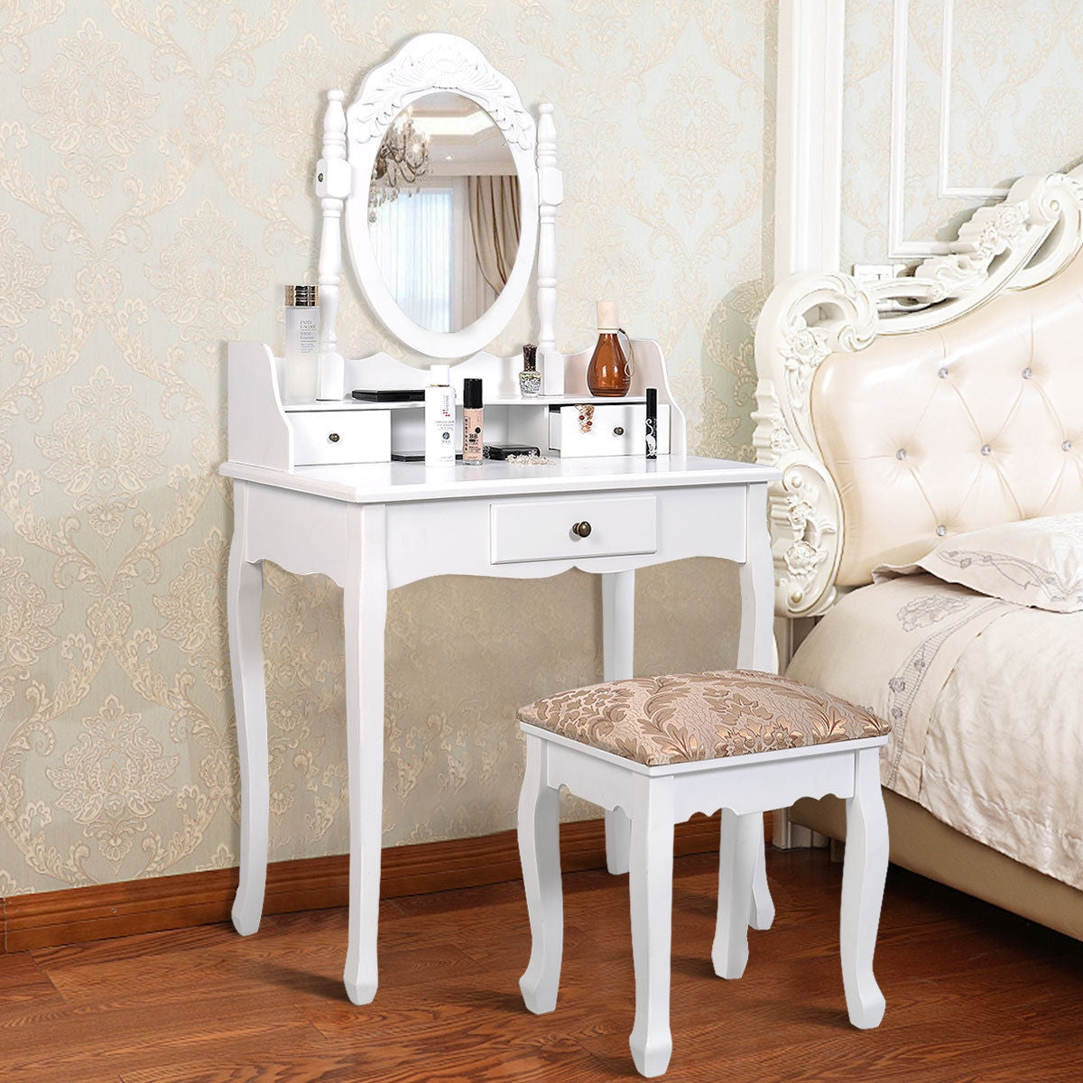 Vanity Makeup Dressing Table with Rotating Mirror and 3 Drawers Makeup Vanities at Gallery Canada