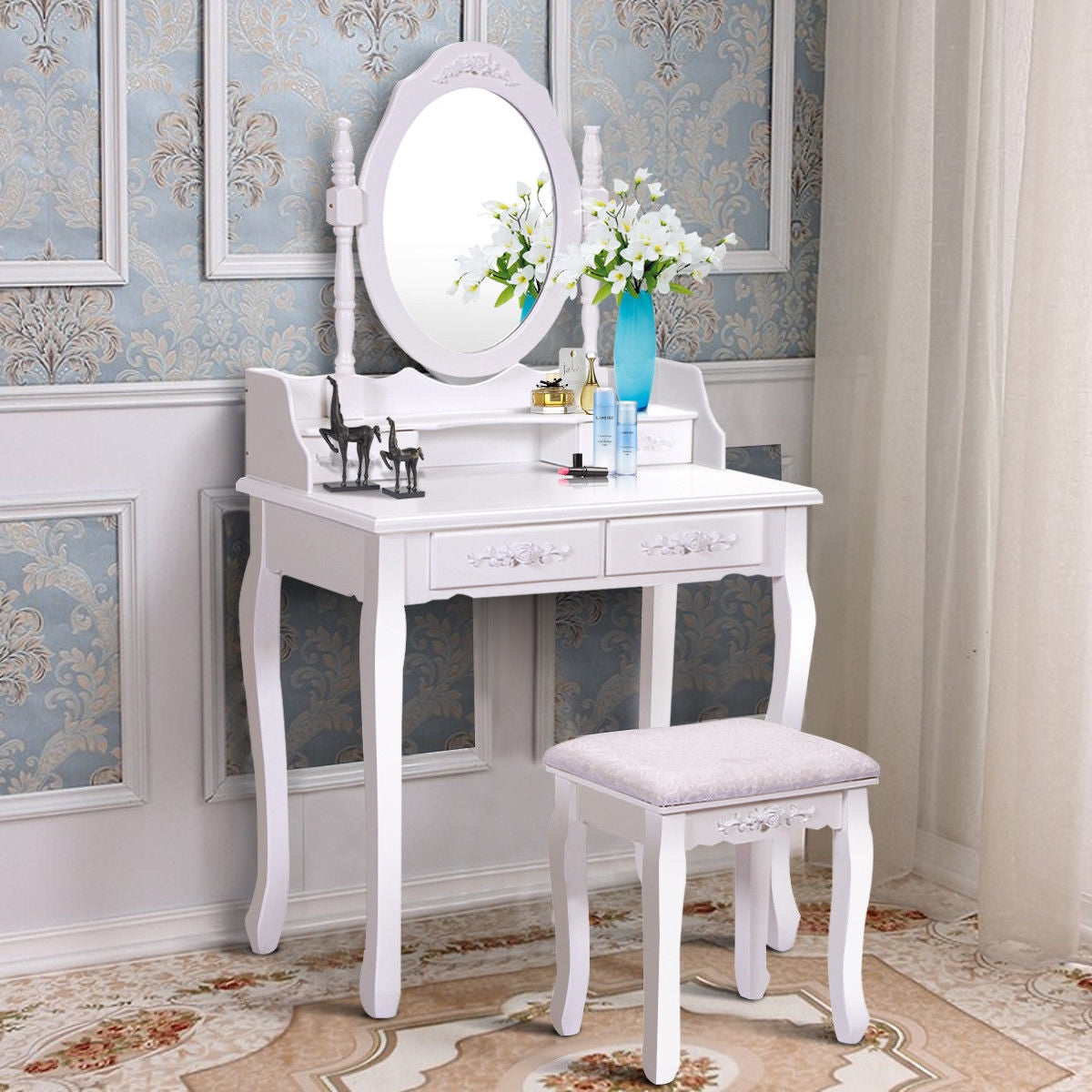 Wood Vanity Table Set with Oval Mirror and 4 Drawers for Kids Girls Women, White Makeup Vanities at Gallery Canada