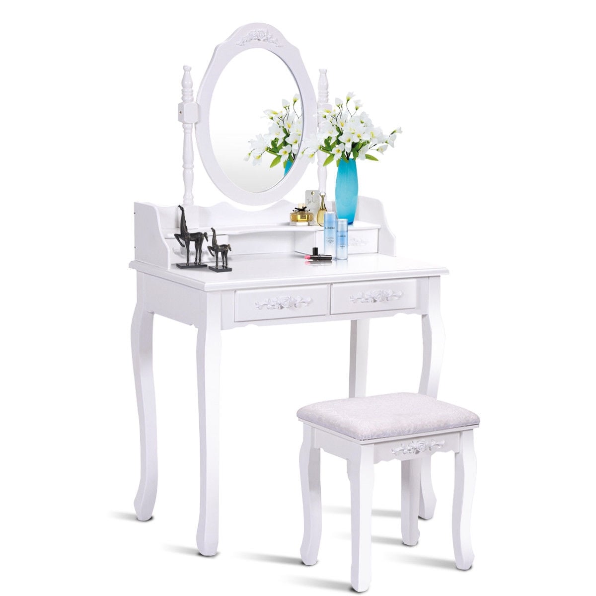 Wood Vanity Table Set with Oval Mirror and 4 Drawers for Kids Girls Women, White Makeup Vanities White at Gallery Canada