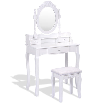 Vanity Table Set with Cushioned Stool with 360° Rotating Oval Mirror and Three Drawers, White Makeup Vanities White at Gallery Canada