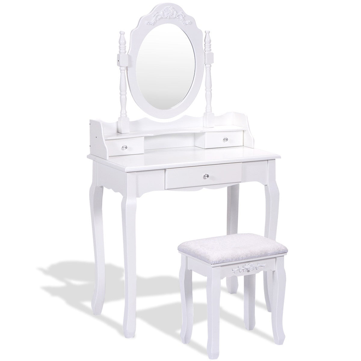 Vanity Table Set With Cushioned Stool, Oval Mirror, Three Drawers, White Makeup Vanities White at Gallery Canada