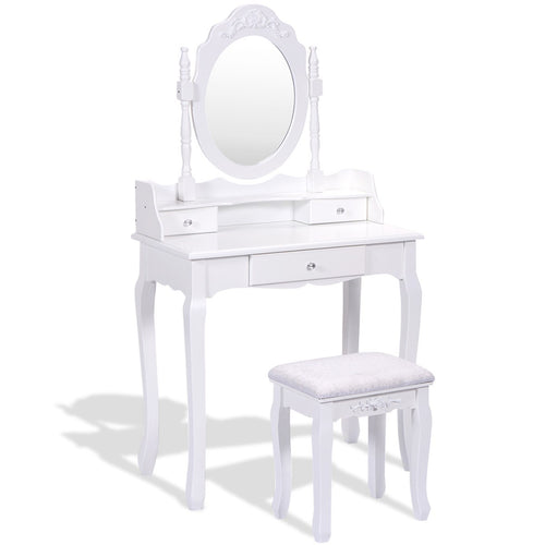 Vanity Table Set With Cushioned Stool, Oval Mirror, Three Drawers, White