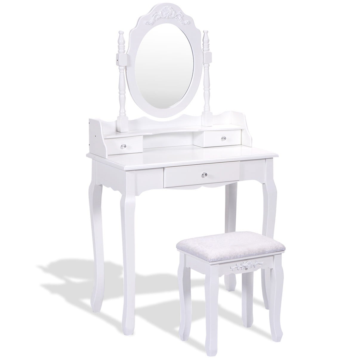 Vanity Table Set With Cushioned Stool, Oval Mirror, Three Drawers, White Makeup Vanities White at Gallery Canada