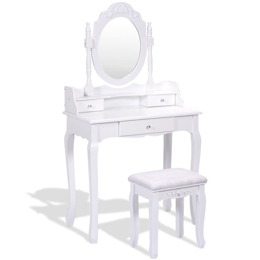 Vanity Table Set With Cushioned Stool, Oval Mirror, Three Drawers, White Makeup Vanities White at Gallery Canada