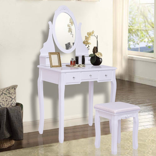 Wooden Vanity Set with 360° Rotating Oval Mirror and Cushioned Stool, White