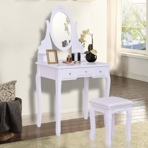 Wooden Vanity Set With 360° Rotating Mirror, Cushioned Stool, White