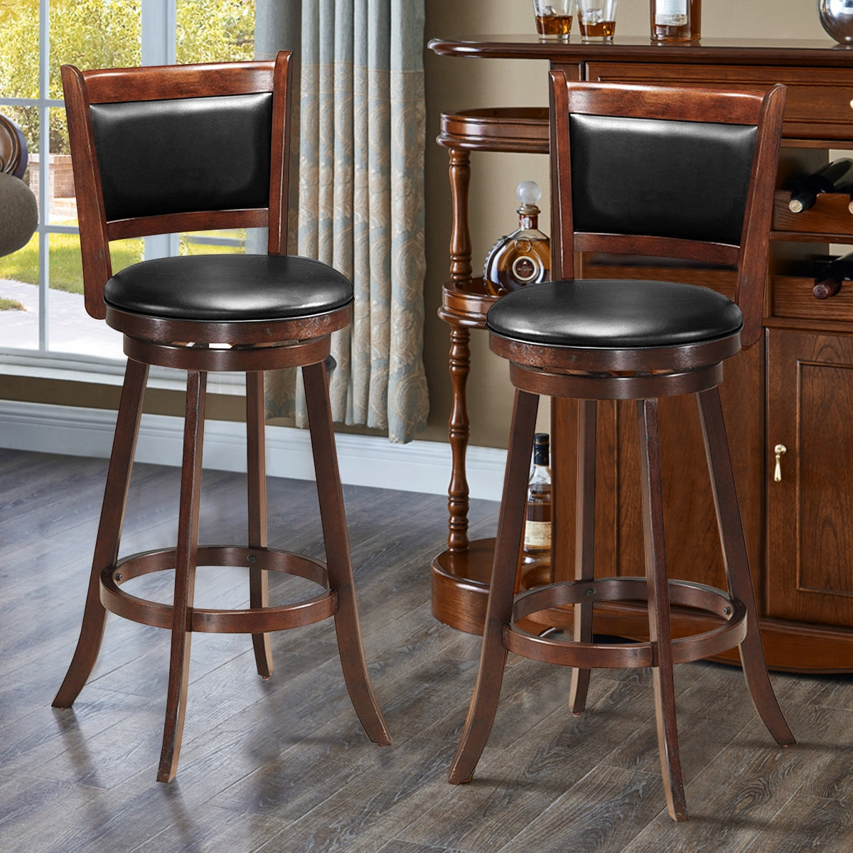 Set of 2 29 Inch Swivel Bar Height Stool Wood Dining Chair Barstool, Brown Bar Stools at Gallery Canada