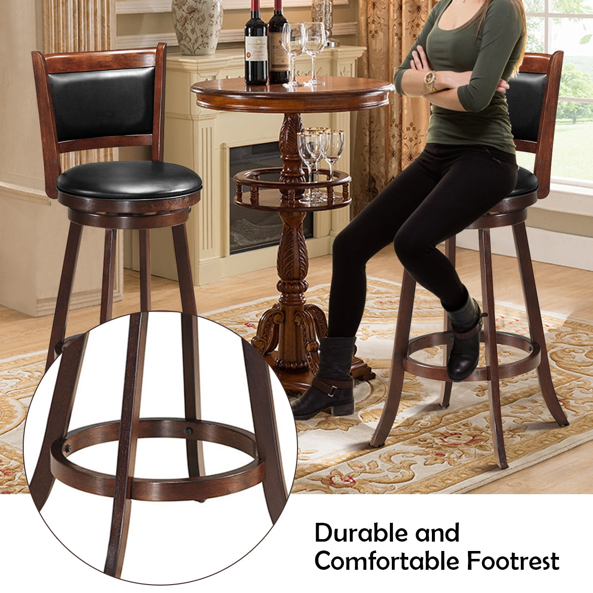 Set of 2 29 Inch Swivel Bar Height Stool Wood Dining Chair Barstool, Brown Bar Stools at Gallery Canada