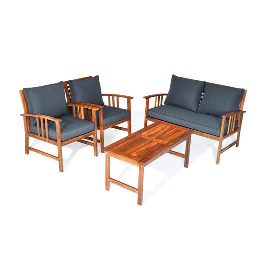 4 Pieces Wooden Patio Furniture Set Table Sofa Chair Cushioned Garden, Gray - Gallery Canada