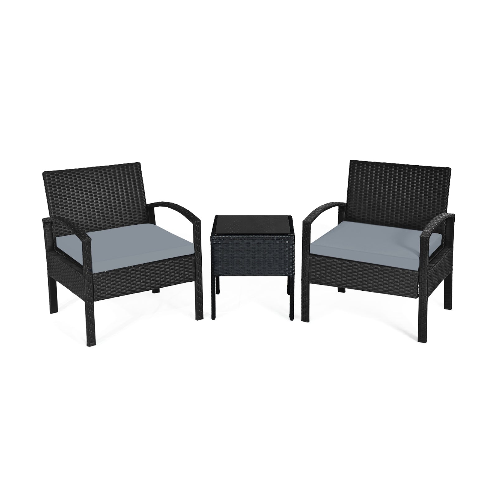 3 Pieces Outdoor Rattan Patio Conversation Set with Seat Cushions, Gray Patio Conversation Sets at Gallery Canada