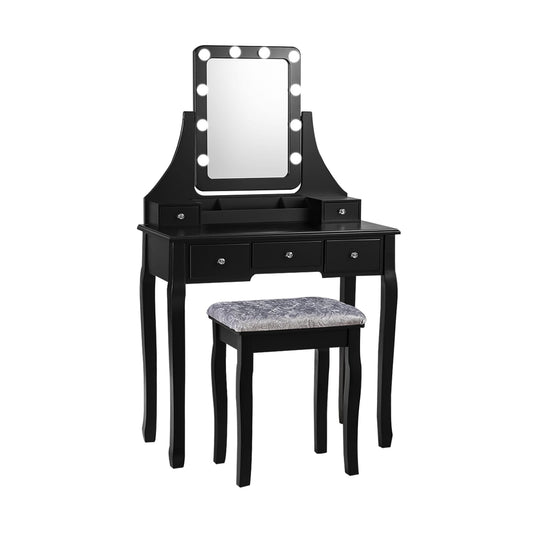 Vanity Dressing Table Set with 10 Dimmable Bulbs and Cushioned Stool, Black Makeup Vanities Black at Gallery Canada