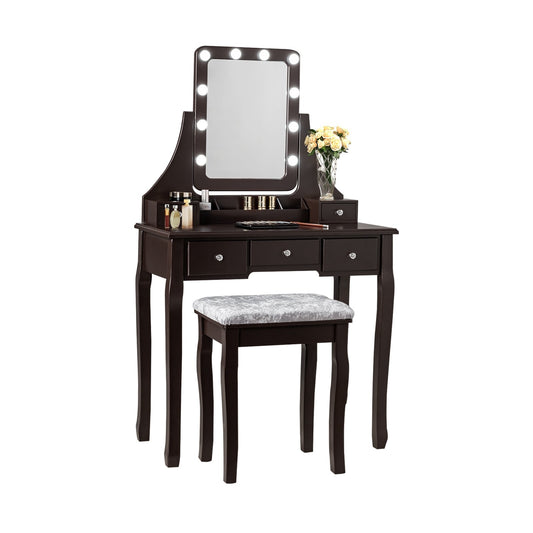 Vanity Dressing Table Set with 10 Dimmable Bulbs and Cushioned Stool, Brown - Gallery Canada