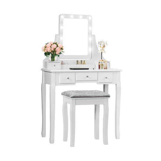 Vanity Dressing Table Set with 10 Dimmable Bulbs and Cushioned Stool, White - Gallery Canada