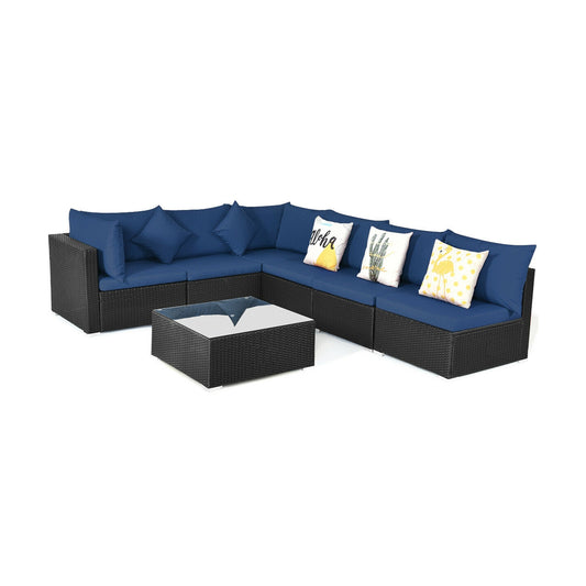 7 Piece Outdoor Wicker Patio Sofa Set, Navy Outdoor Sectionals Navy at Gallery Canada