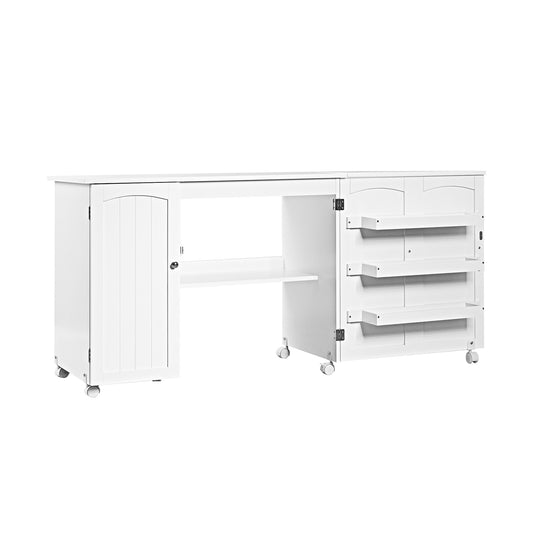 Folding Sewing Table Shelves Storage Cabinet Craft Cart with Wheels, White Sewing Tables White at Gallery Canada