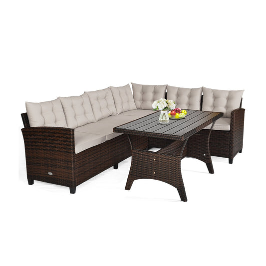 3 Pieces Hand-Woven Rattan Outdoor Sofa Set with Dining Table, Brown - Gallery Canada