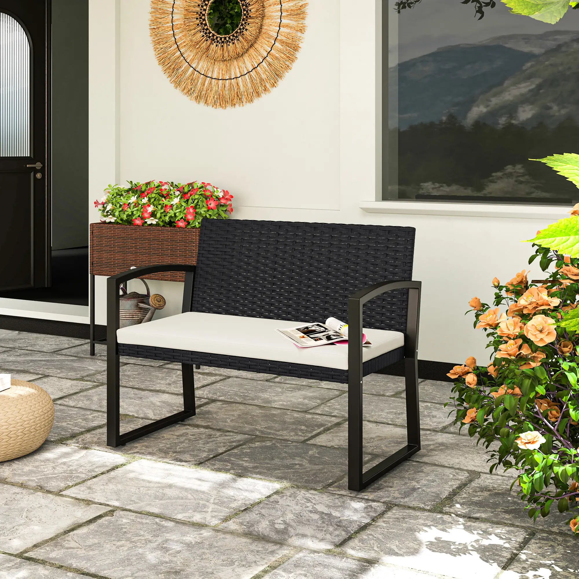 2 Seater Rattan Garden Bench Loveseat, With Cushion And Armrests, Beige Patio Chairs at Gallery Canada