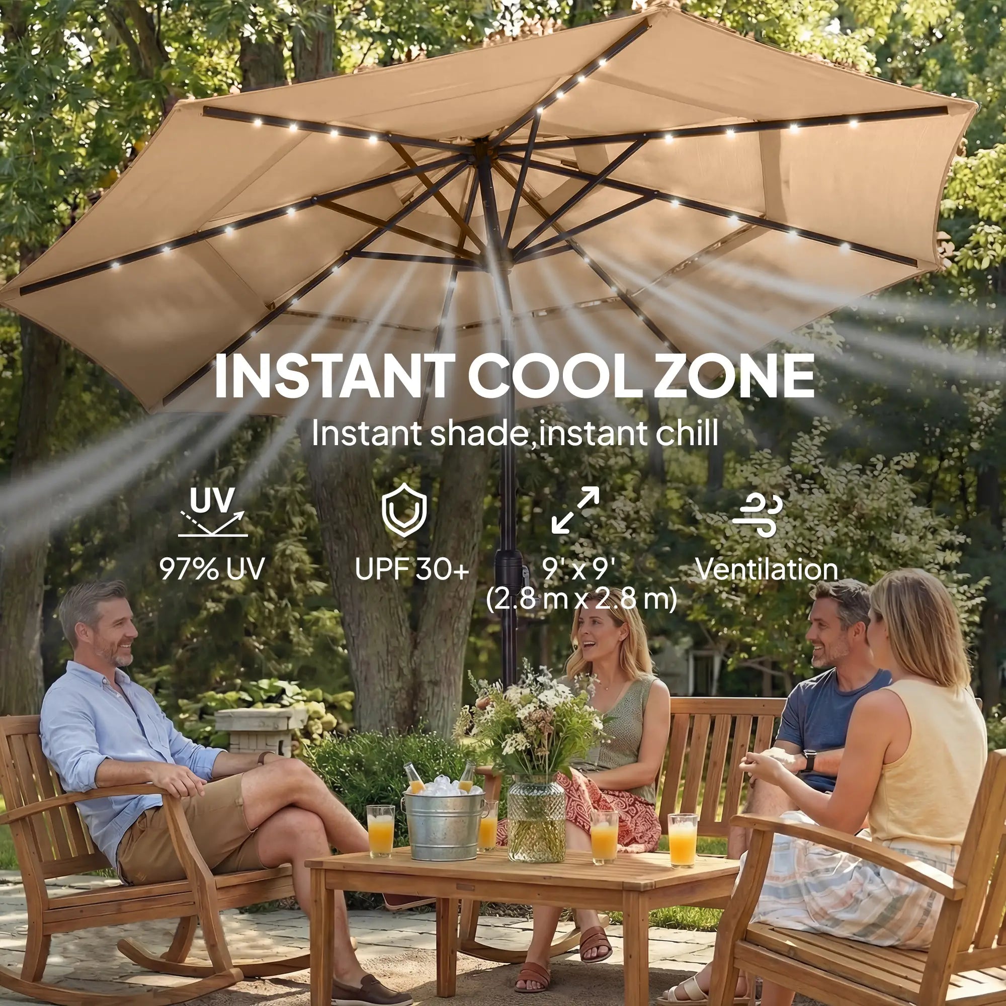 9.3 ft Patio Umbrella With Solar LED Lights, Cover, Tilt, Crank, Khaki Sun Umbrellas at Gallery Canada