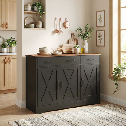 43" Sideboard Buffet Cabinet, 3 Barn Doors, 2 Drawers, Black Bar Cabinets at Gallery Canada