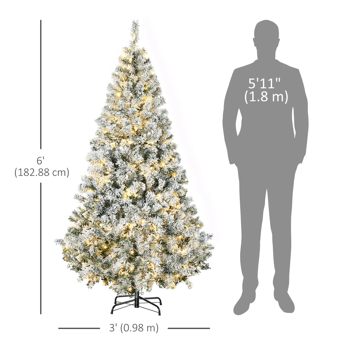 6ft Prelit Snow Flocked Christmas Tree, Metal Base, Warm White LED Pre Lit Christmas Trees at Gallery Canada