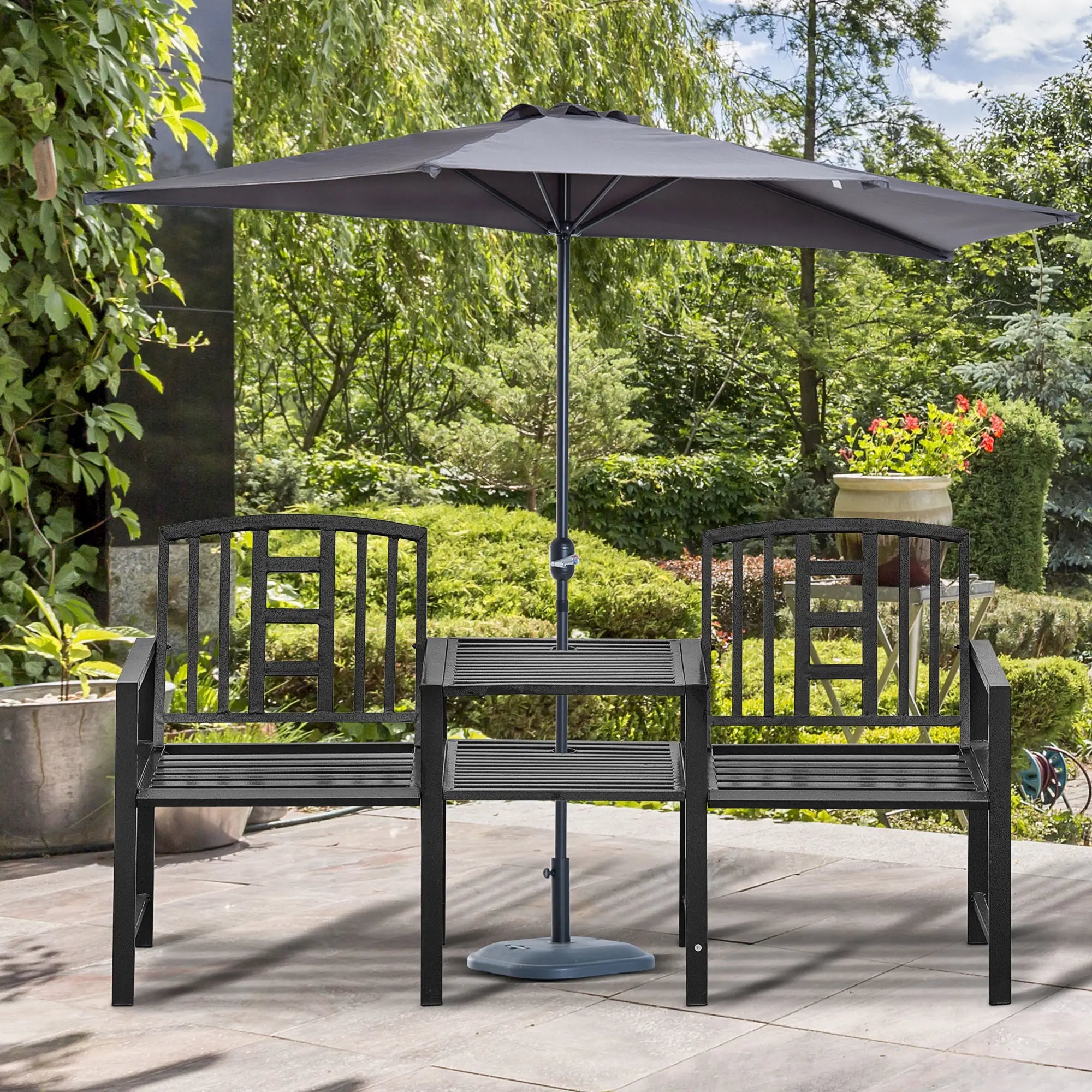 Steel Garden Bench With Middle Table, Umbrella Hole, Double Seat, Outdoor, Black Outdoor Benches at Gallery Canada