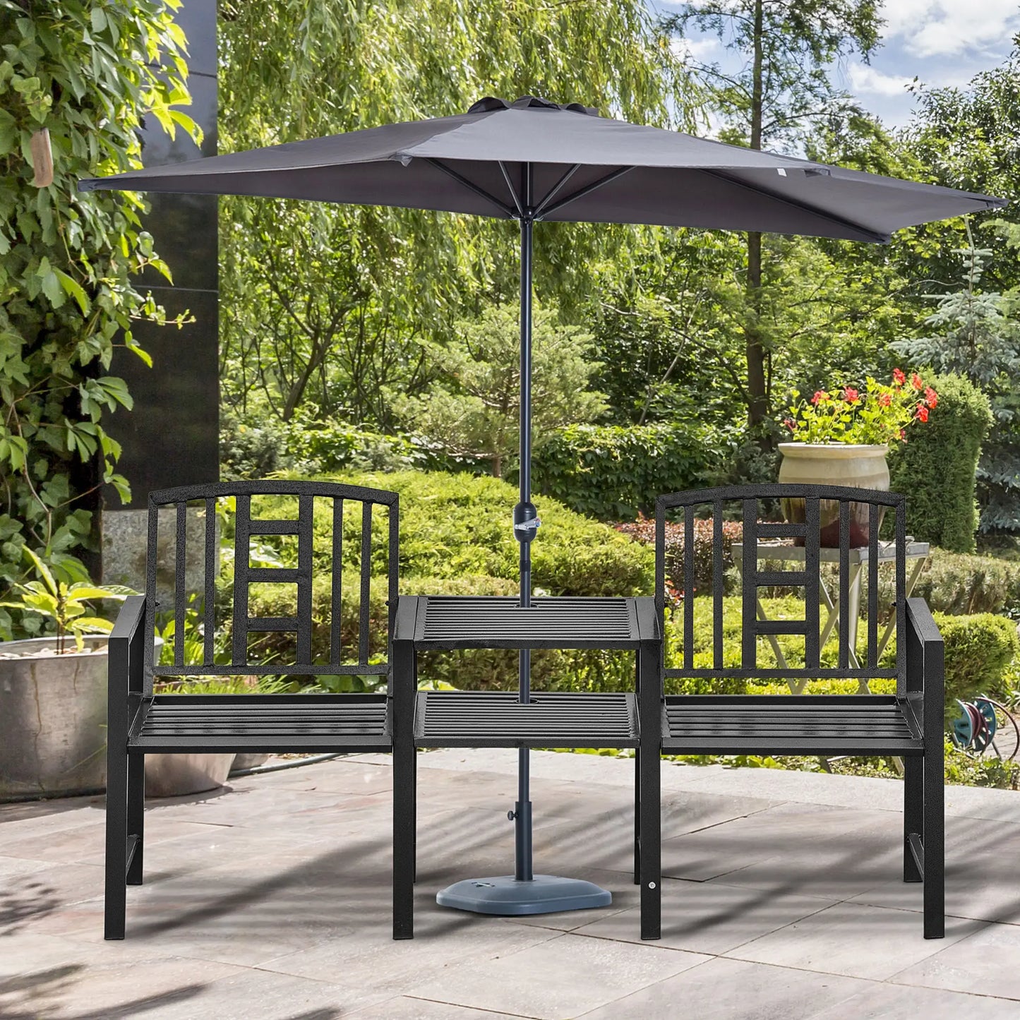 Steel Garden Bench With Middle Table, Umbrella Hole, Double Seat, Outdoor, Black Outdoor Benches at Gallery Canada