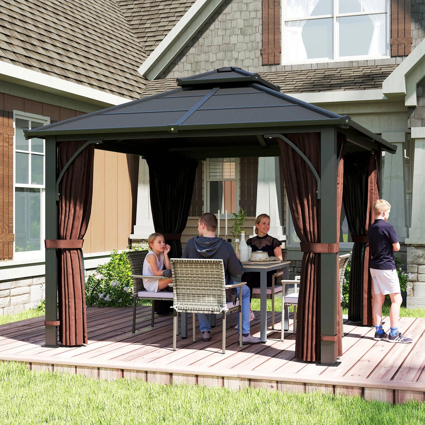 10' x 10' Hardtop Gazebo, 7mm Polycarbonate Roof, Netting And Curtains, Coffee Gazebos at Gallery Canada
