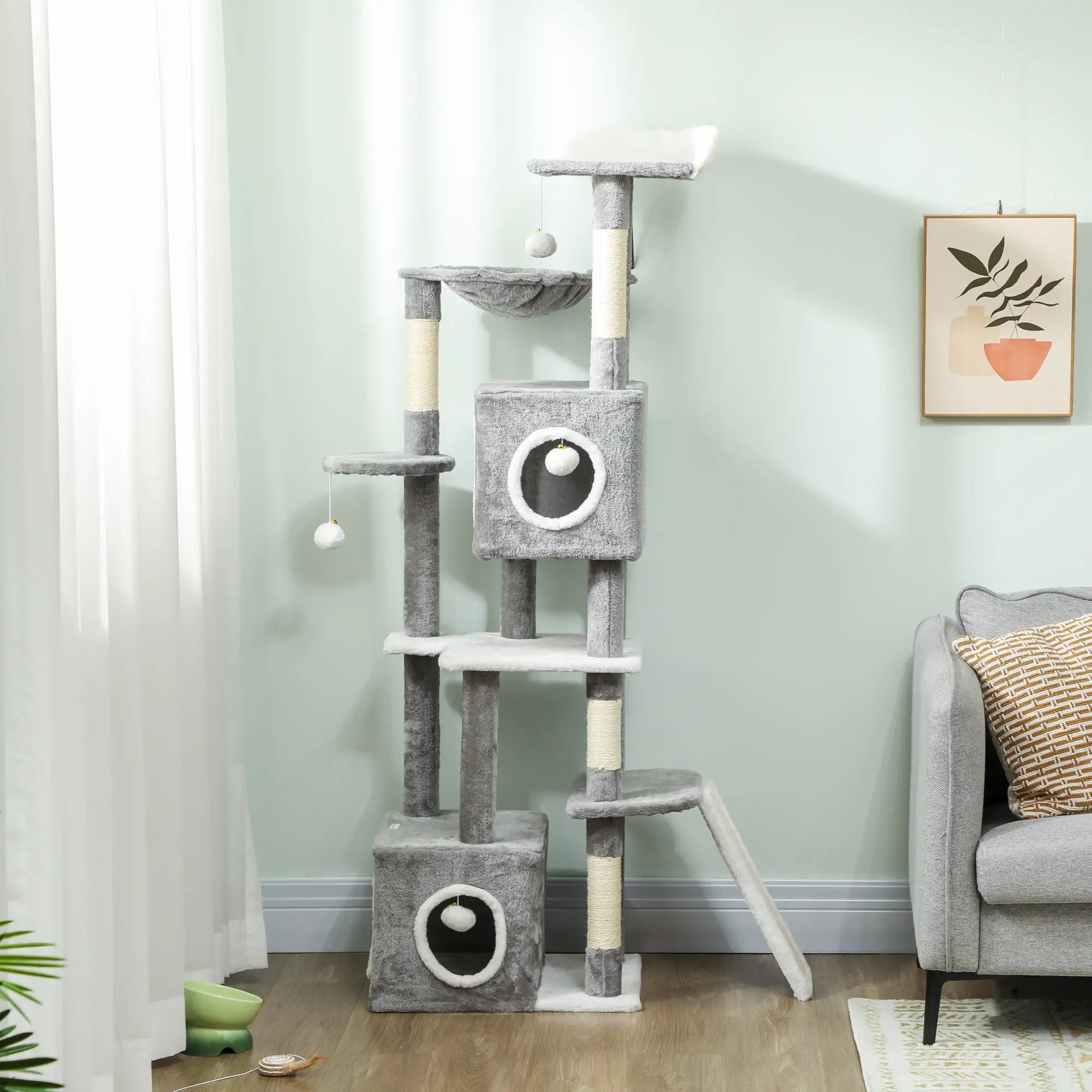 65 Inch Cat Tree, 2 Doors Condos, Plush Perch, Hammock, Grey Cat Towers at Gallery Canada