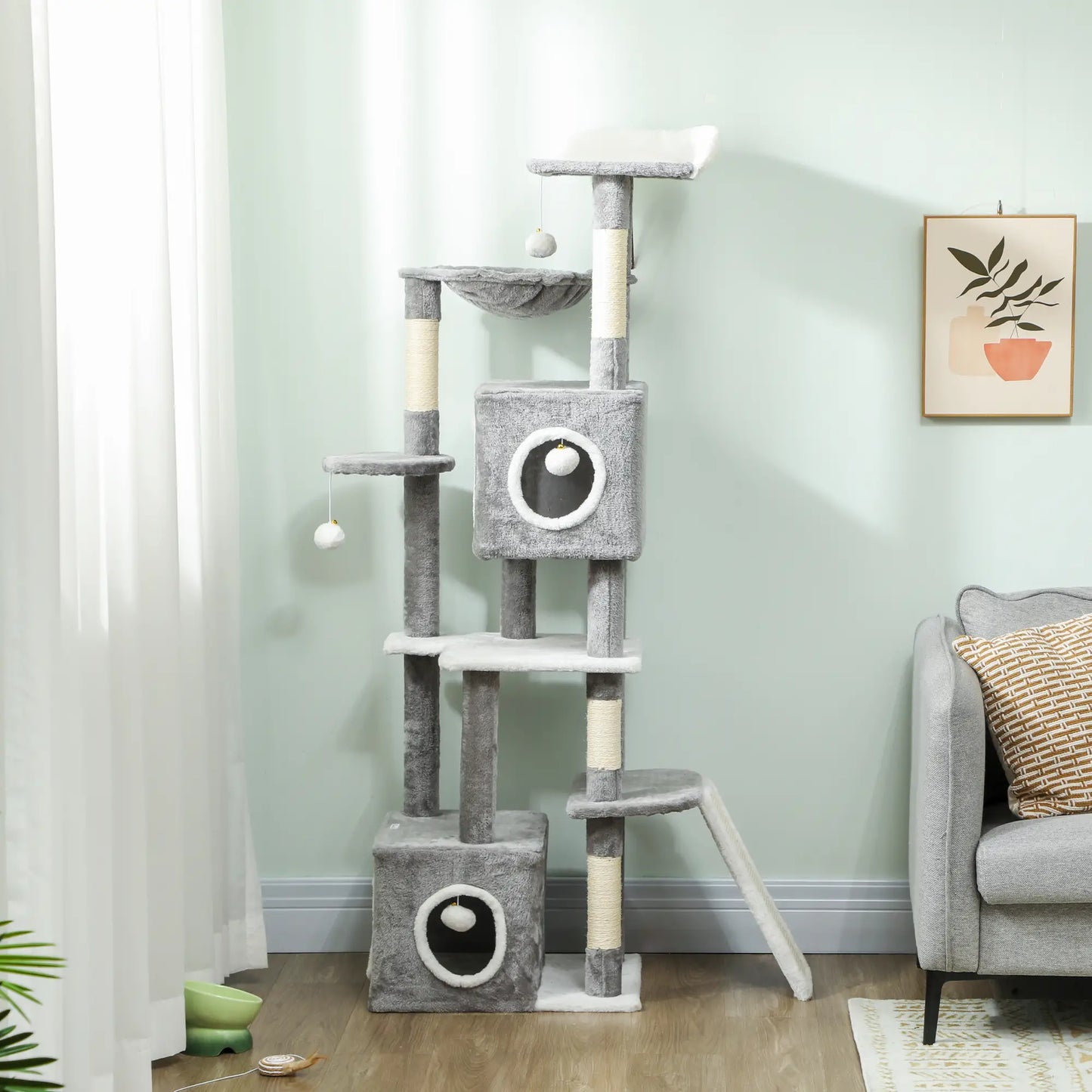 65 Inch Cat Tree, 2 Doors Condos, Plush Perch, Hammock, Grey Cat Towers at Gallery Canada