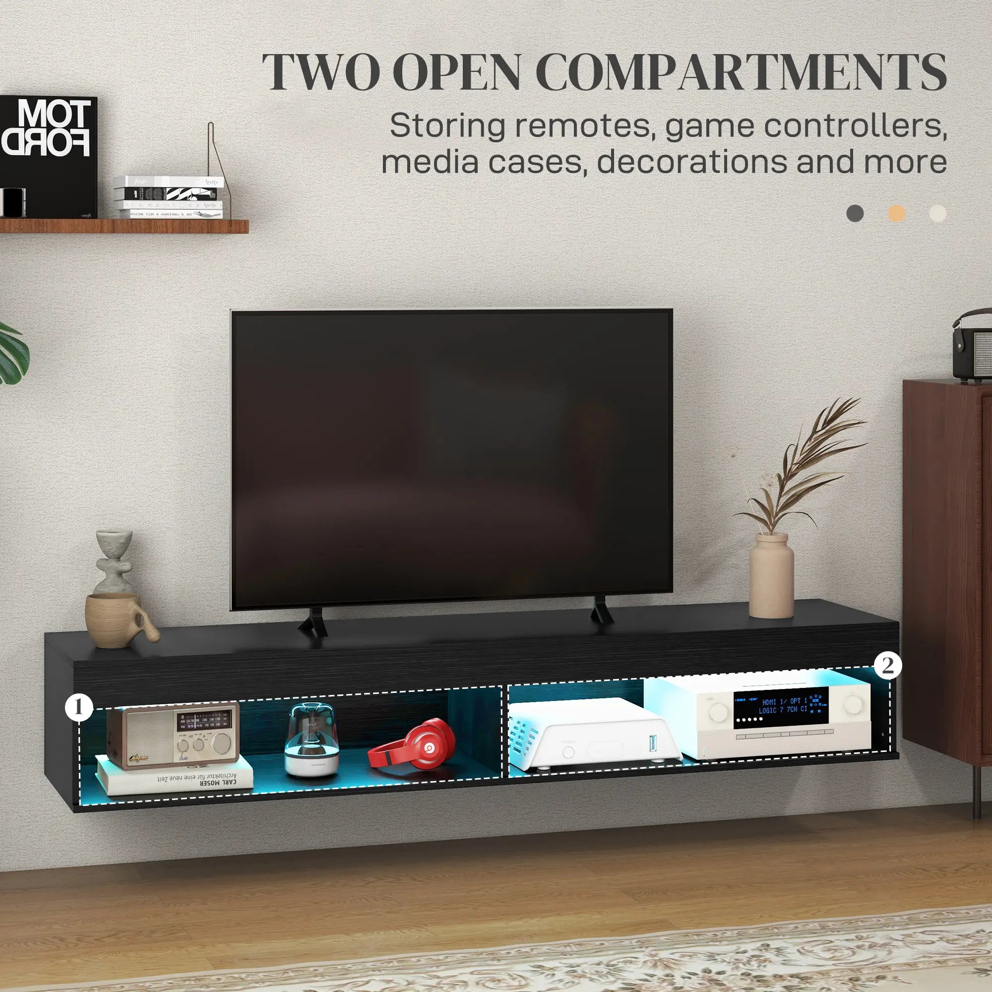 Wall Mounted TV Stand with Storage, LED Lights, 75