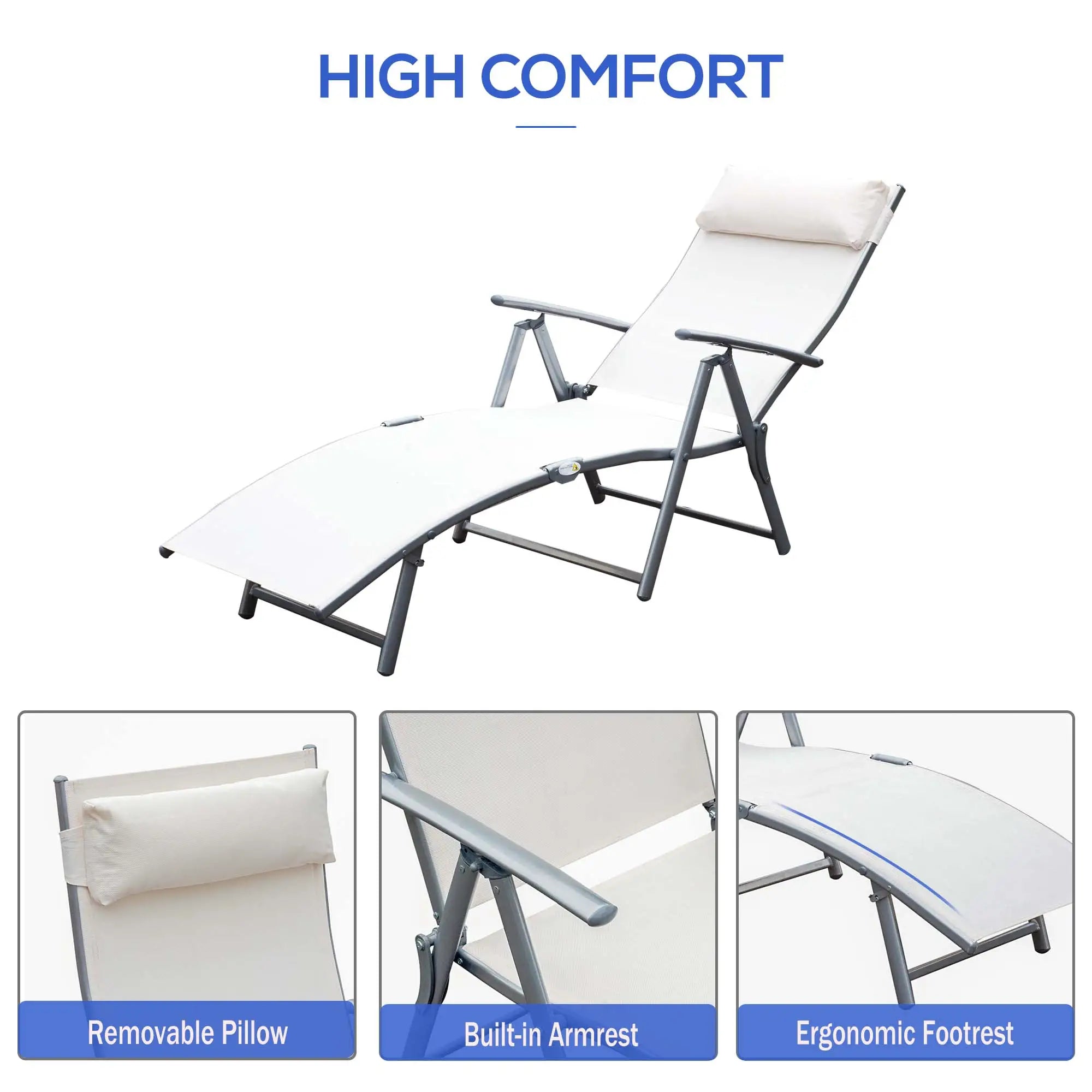 Heavy Duty Adjustable Folding Chair, Outdoor Sun Lounger, 7 Positions, Cream Lounger Chairs at Gallery Canada