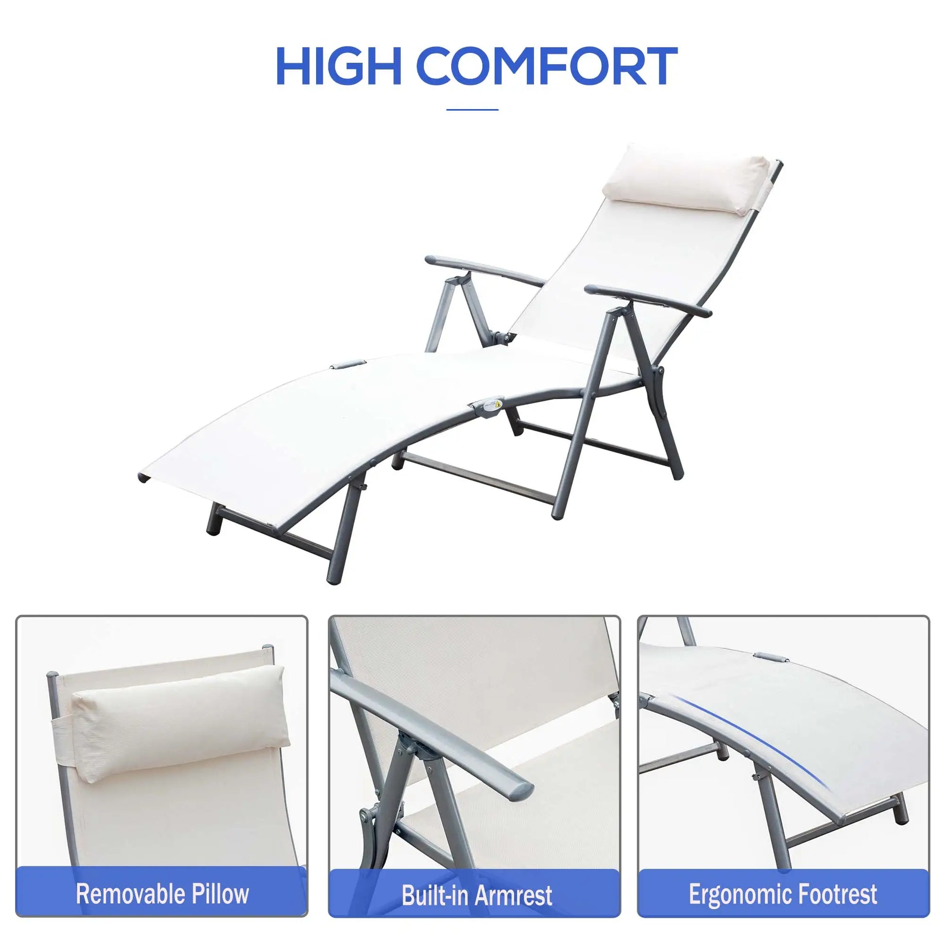 Heavy Duty Adjustable Folding Chair, Outdoor Sun Lounger, 7 Positions, Cream Lounger Chairs at Gallery Canada