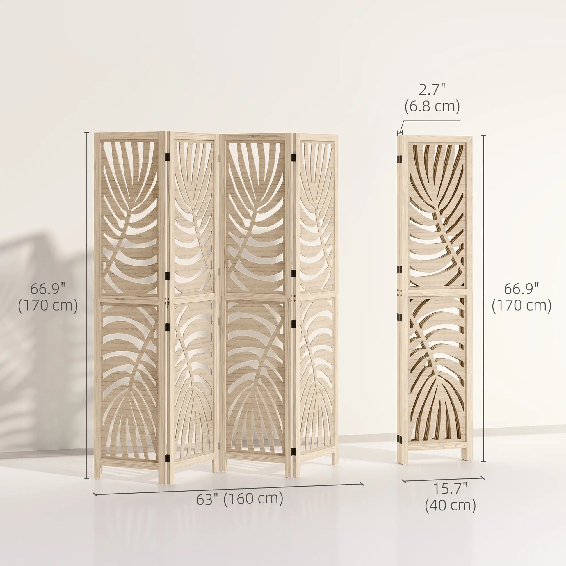 4 Panel Room Divider, Detachable Folding Privacy Screen, Palm Leaf Design, Natural Wood Finish Room Dividers at Gallery Canada