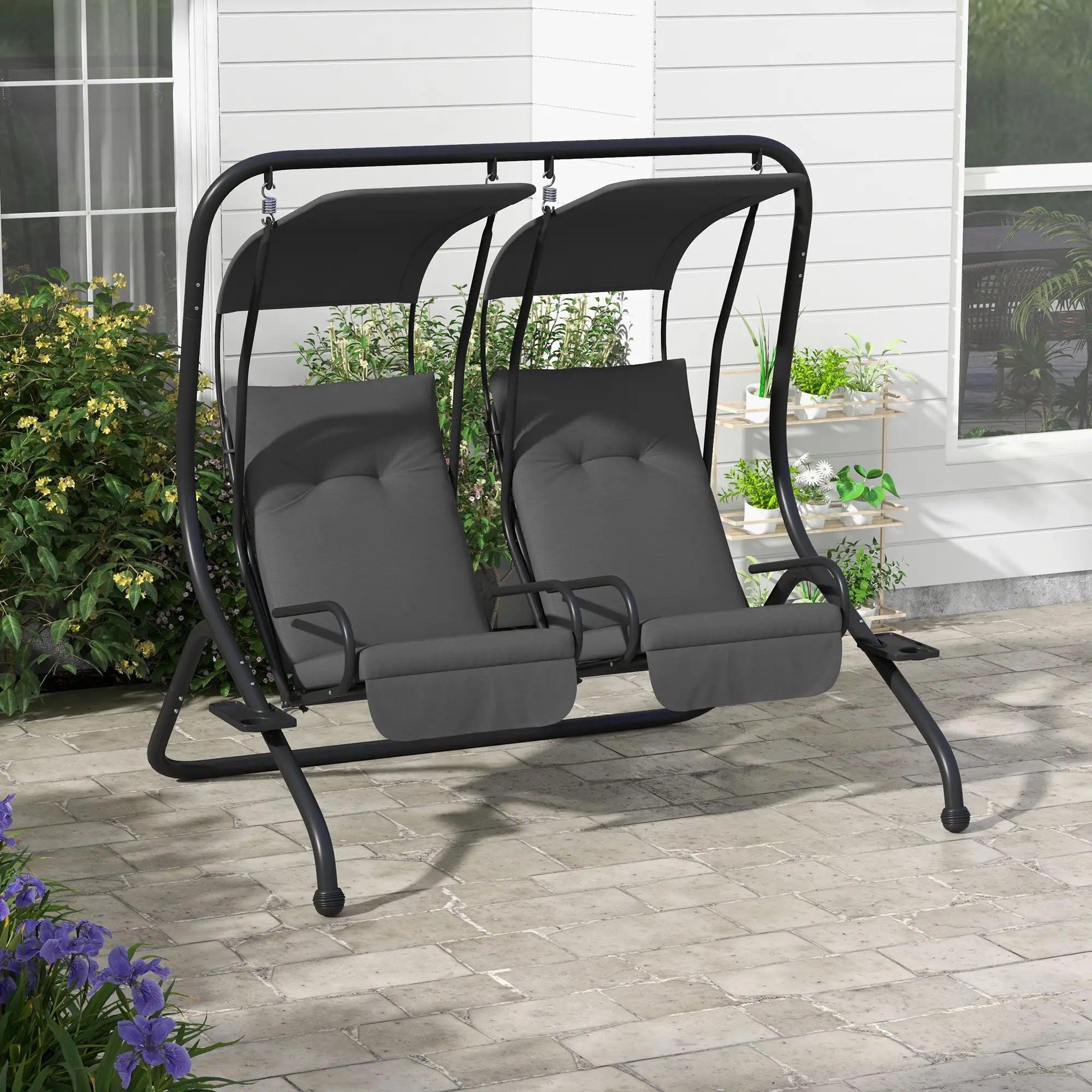 2-Seater Outdoor Porch Swing with Canopy, Grey Patio Swings with Stand at Gallery Canada