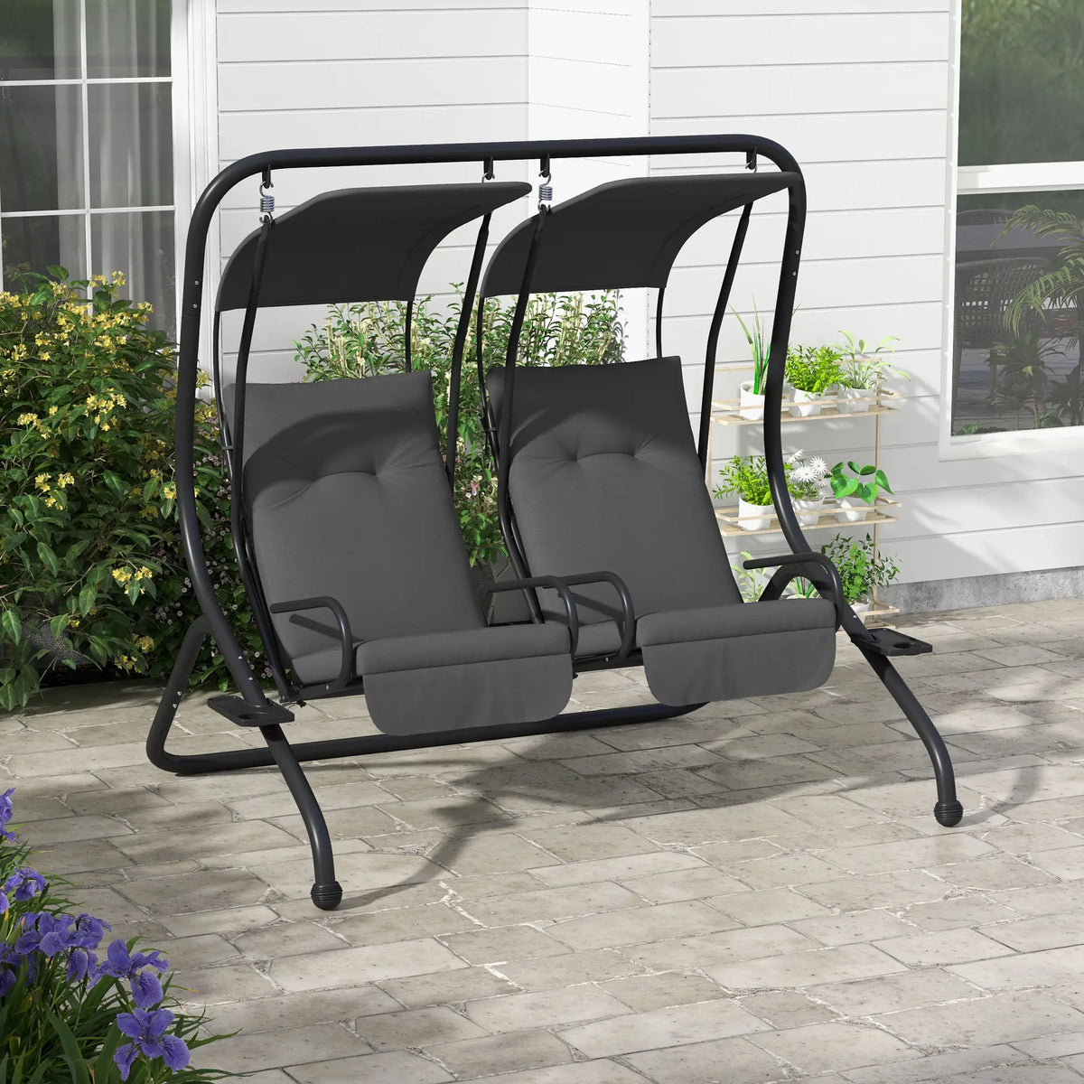 2-Seater Outdoor Porch Swing with Canopy, Grey Patio Swings with Stand at Gallery Canada