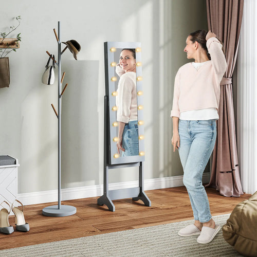 Free Standing Armoire Organizer, Lighted Mirrored Jewelry Cabinet, Grey