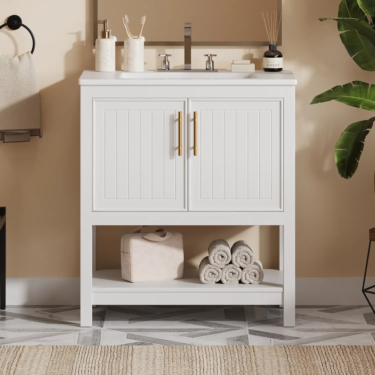 Bathroom Vanity with Ceramic Sink, Gold Handles, Soft Close Doors, 30" L x 18.5" W x 34" H, White Sink Cabinets at Gallery Canada