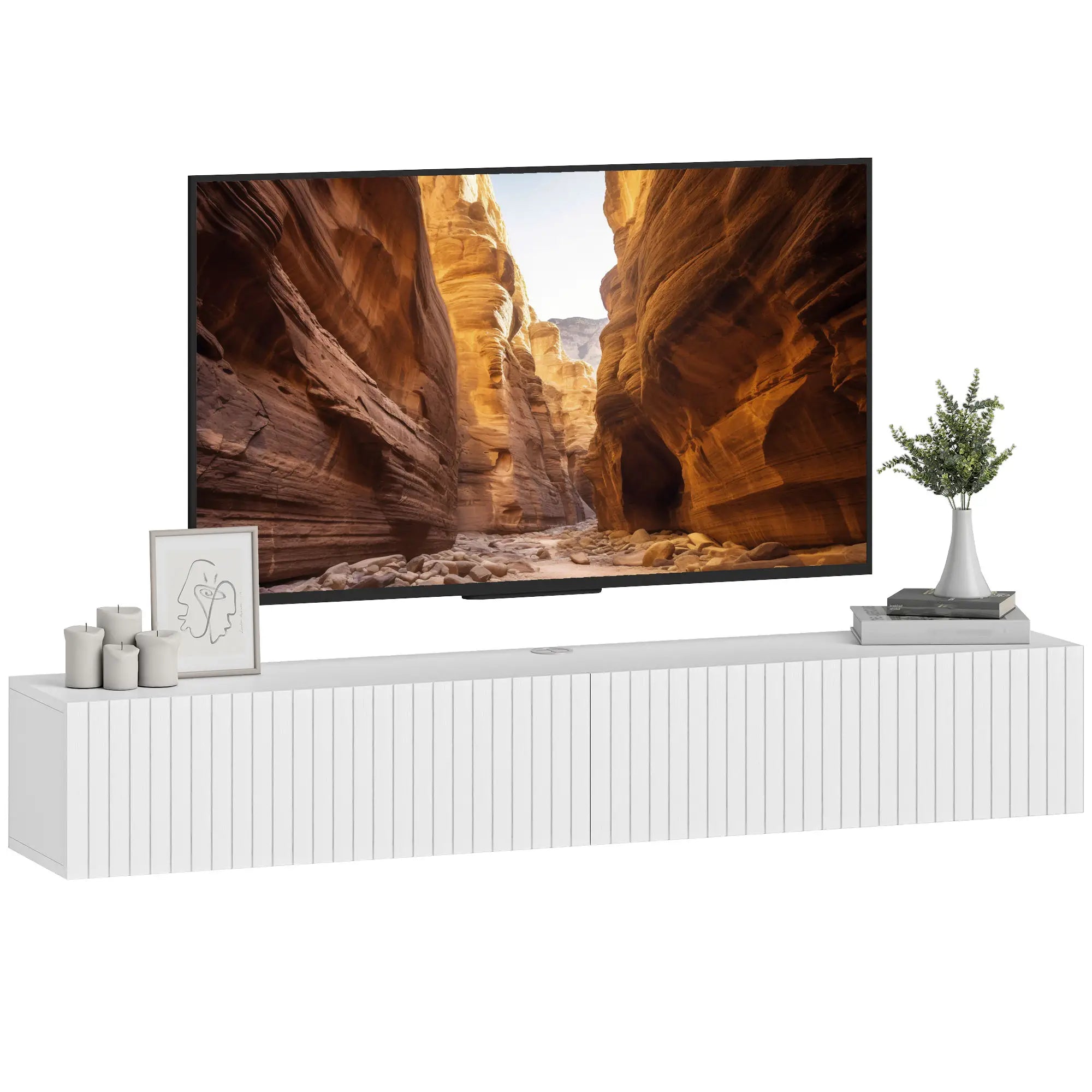 55 Inch Floating TV Stand, Wall Mount Media Console, 2 Fluted Doors, White TV Stands at Gallery Canada