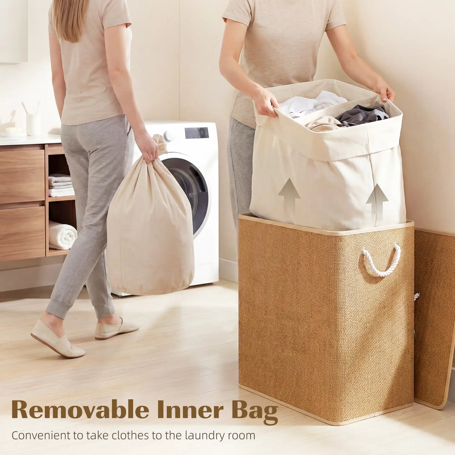 Double Laundry Basket with Lid, 100L Bamboo Hamper, Removable Bags, Brown Clothing Storage at Gallery Canada