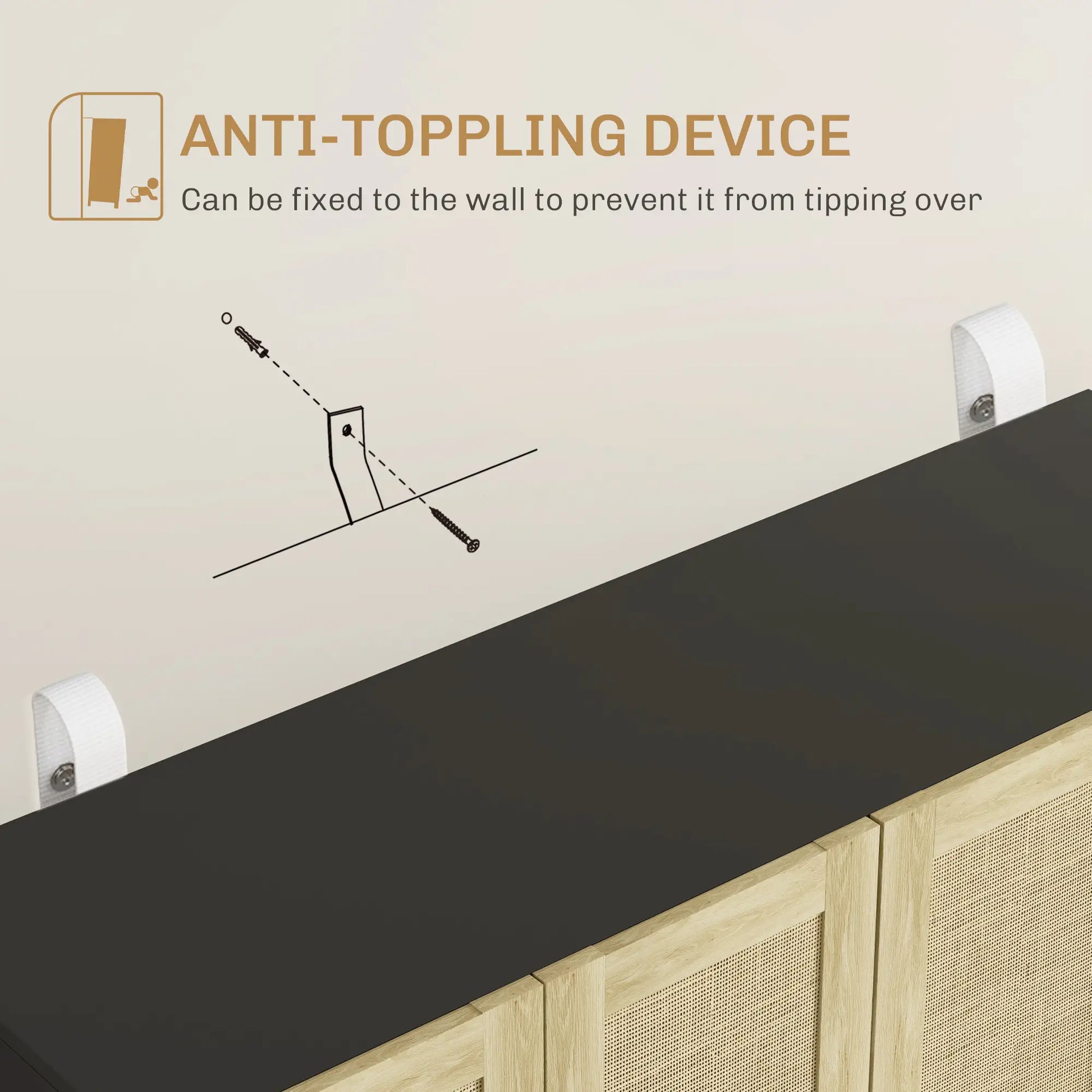 Boho Sideboard Cabinet, 4 Rattan Doors, Adjustable Shelves, Black Storage Cabinets at Gallery Canada