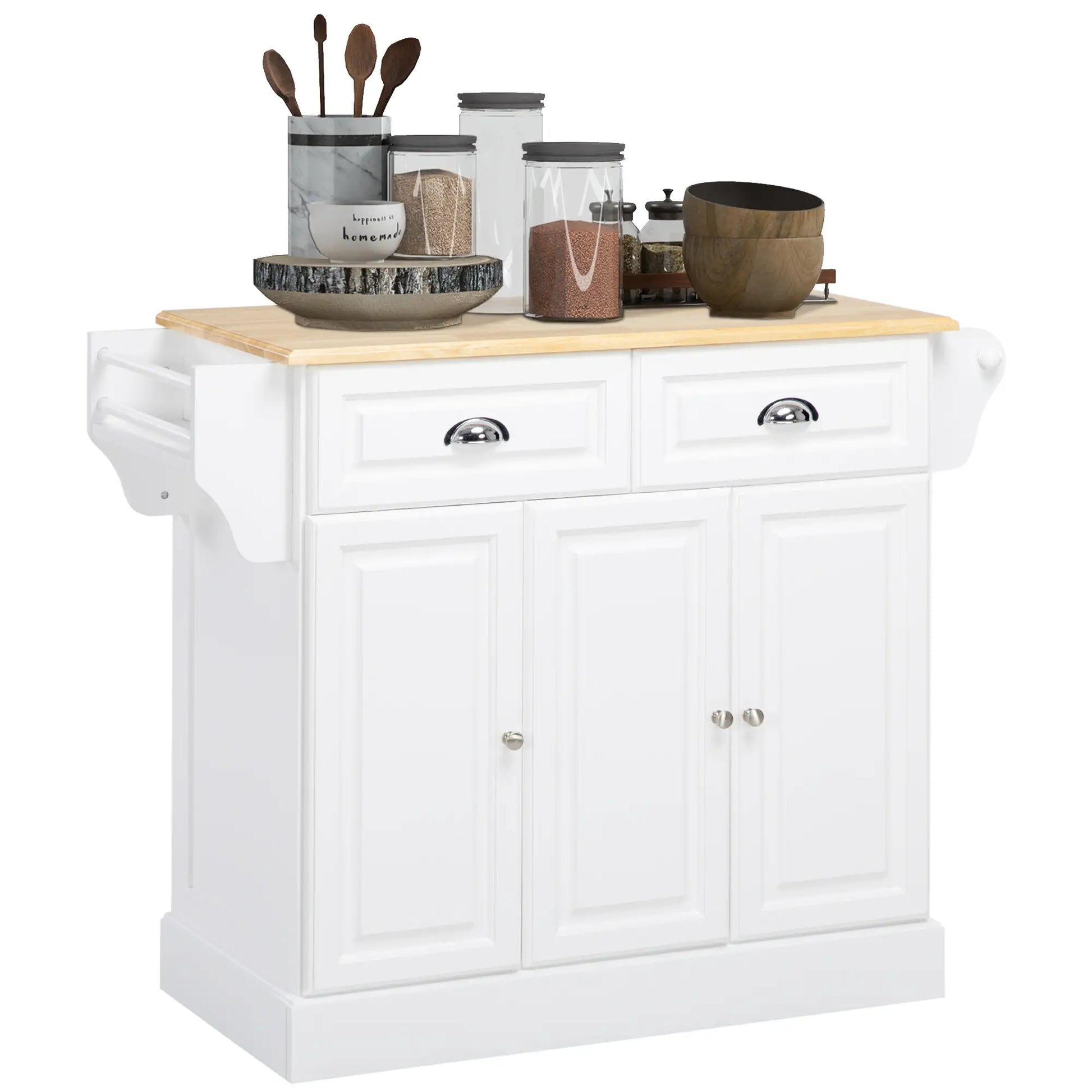 Kitchen Island With Storage, Rolling Cart, Rubber Wood Top, White Kitchen Islands & Kitchen Carts at Gallery Canada