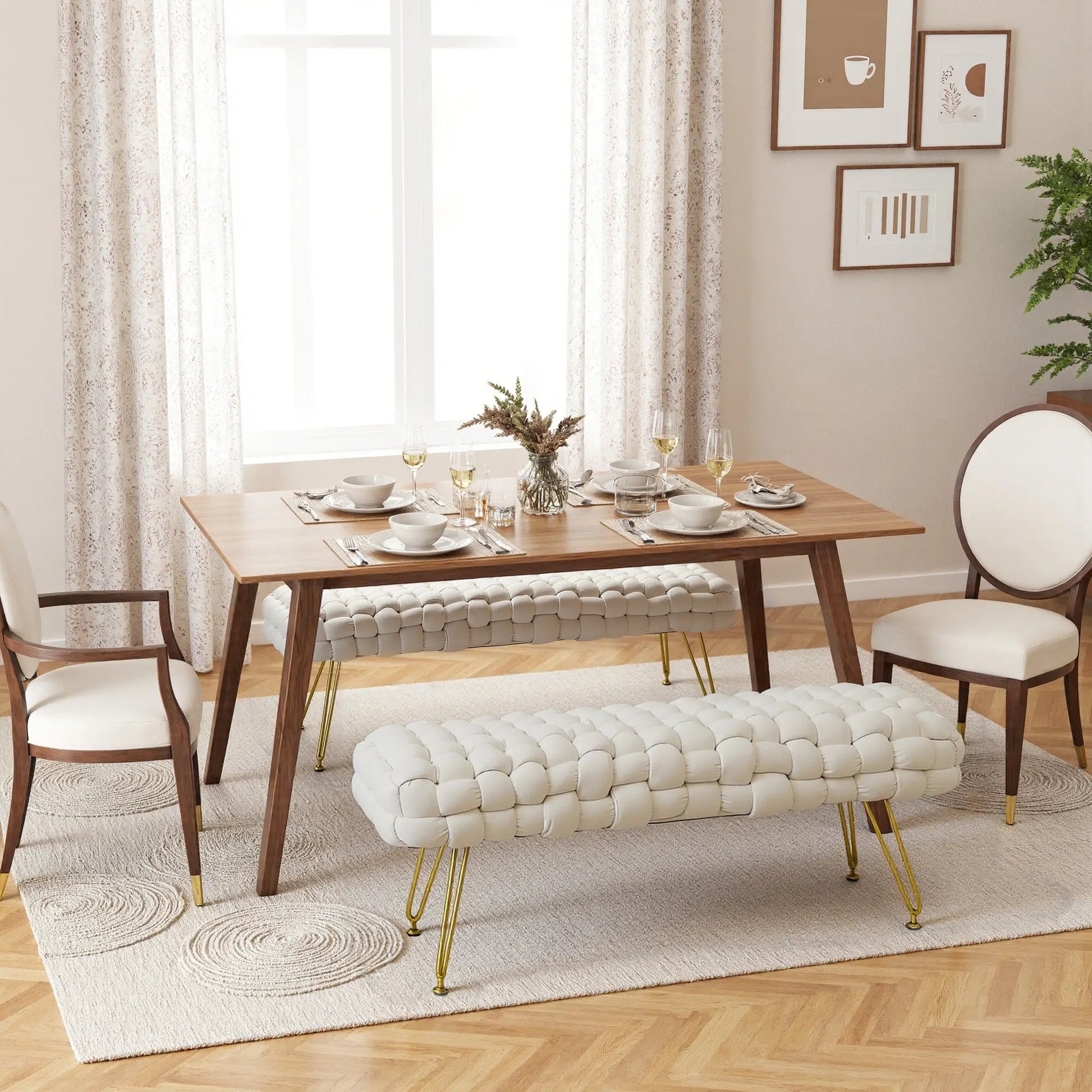 Velvet End of Bed Bench, 39", Gold Metal Legs, Cream White Storage Ottomans & Benches at Gallery Canada