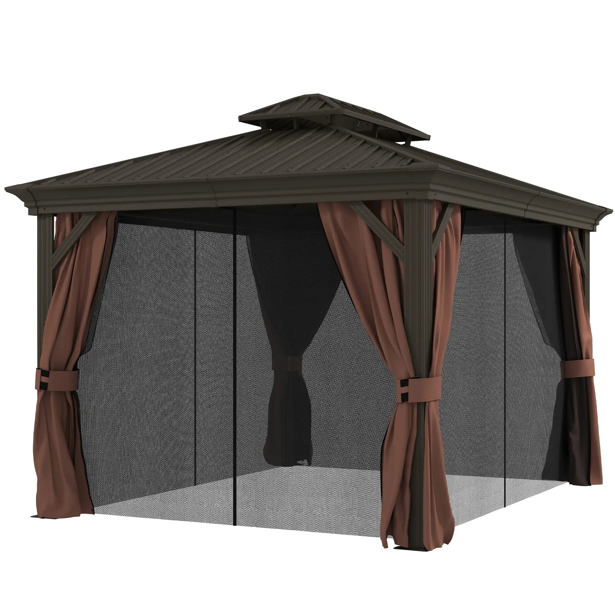 10' x 12' Outdoor Hardtop Gazebo, Galvanized Canopy, Netting Sidewalls, Dark Brown Gazebos Dark Brown at Gallery Canada