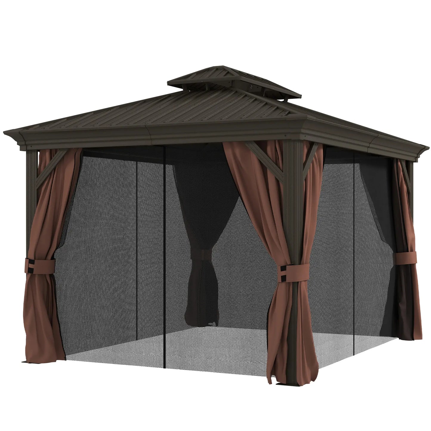 10' x 12' Outdoor Hardtop Gazebo, Galvanized Canopy, Netting Sidewalls, Dark Brown Gazebos Dark Brown at Gallery Canada