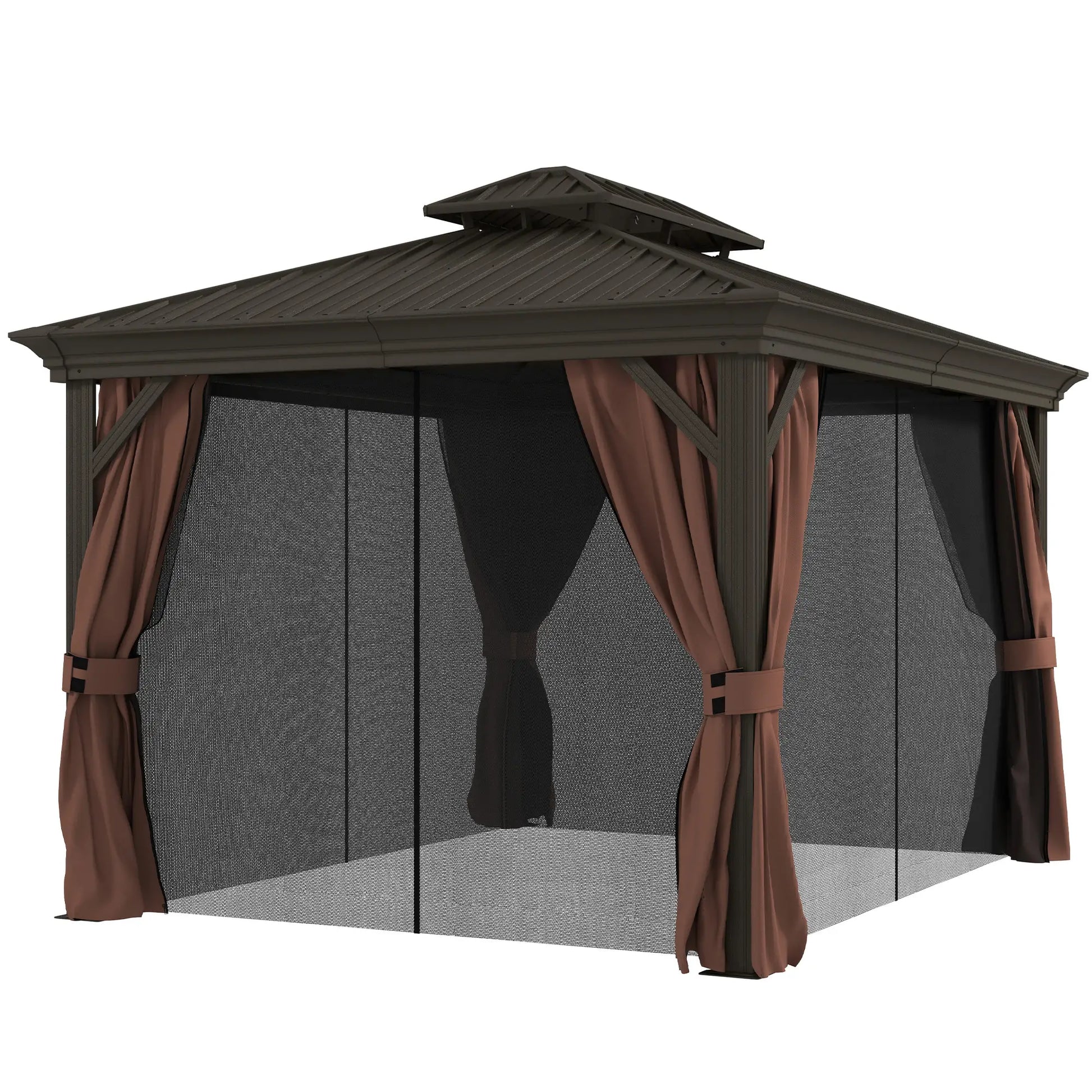 10' x 12' Outdoor Hardtop Gazebo, Galvanized Canopy, Netting Sidewalls, Dark Brown Gazebos Dark Brown at Gallery Canada